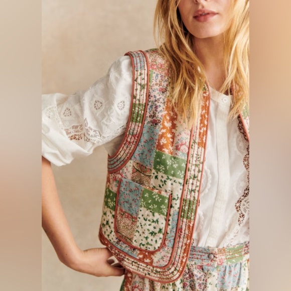 SEZANE Tadeo Patchwork Lilas Lilac Floral Vest Quilted Jacket Size FR36 NWT